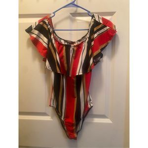 Women’s Red, Black, Tan, White Striped Off the Shoulder Bodysuit Size Small